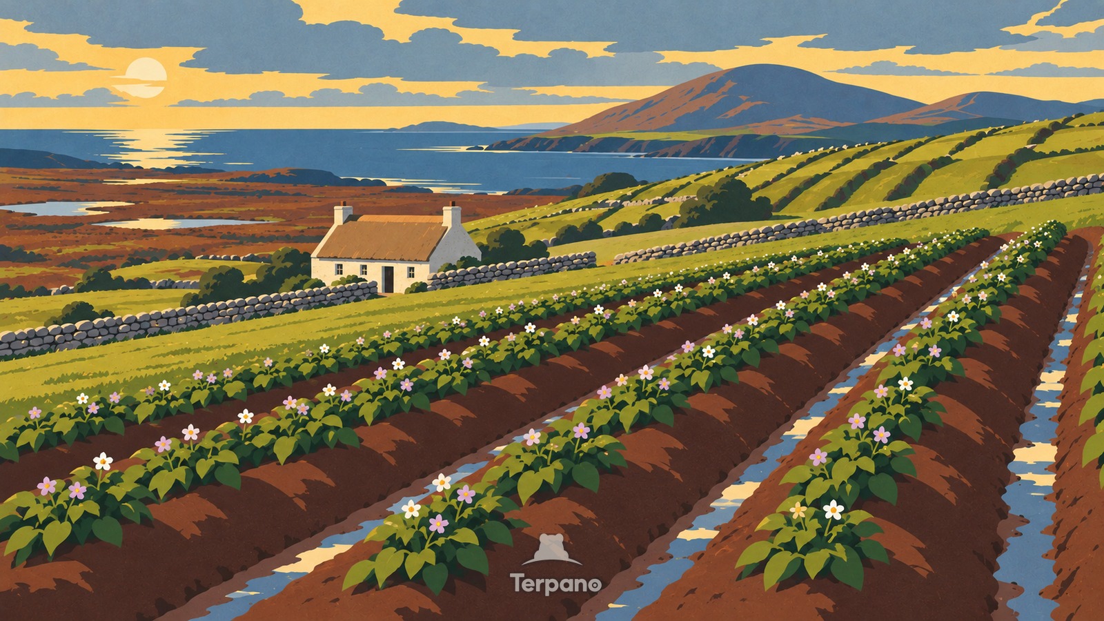Caballones de papas en una ladera del oeste de Irlanda — ilustración original de Isla de Achill, condado de Mayo, Irlanda