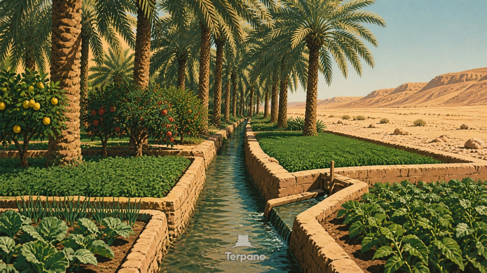 Gravity-Fed Date Palm Oasis — original illustration of Al Ain Oasis, United Arab Emirates