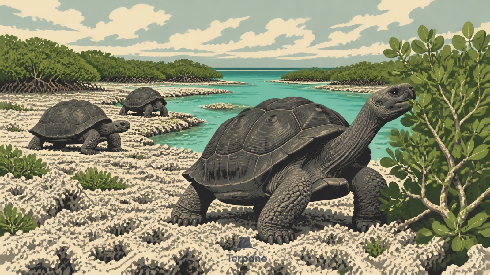 Riesenschildkröten auf gehobener Koralle — Originalillustration von Aldabra-Atoll, Seychellen