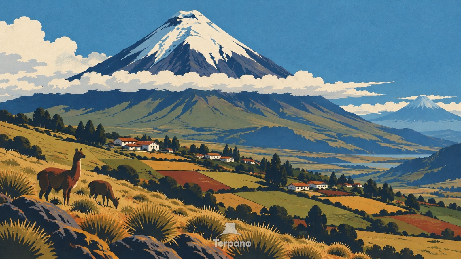 A Glacier above Equatorial Farms — original illustration of Avenue of the Volcanoes, Ecuador