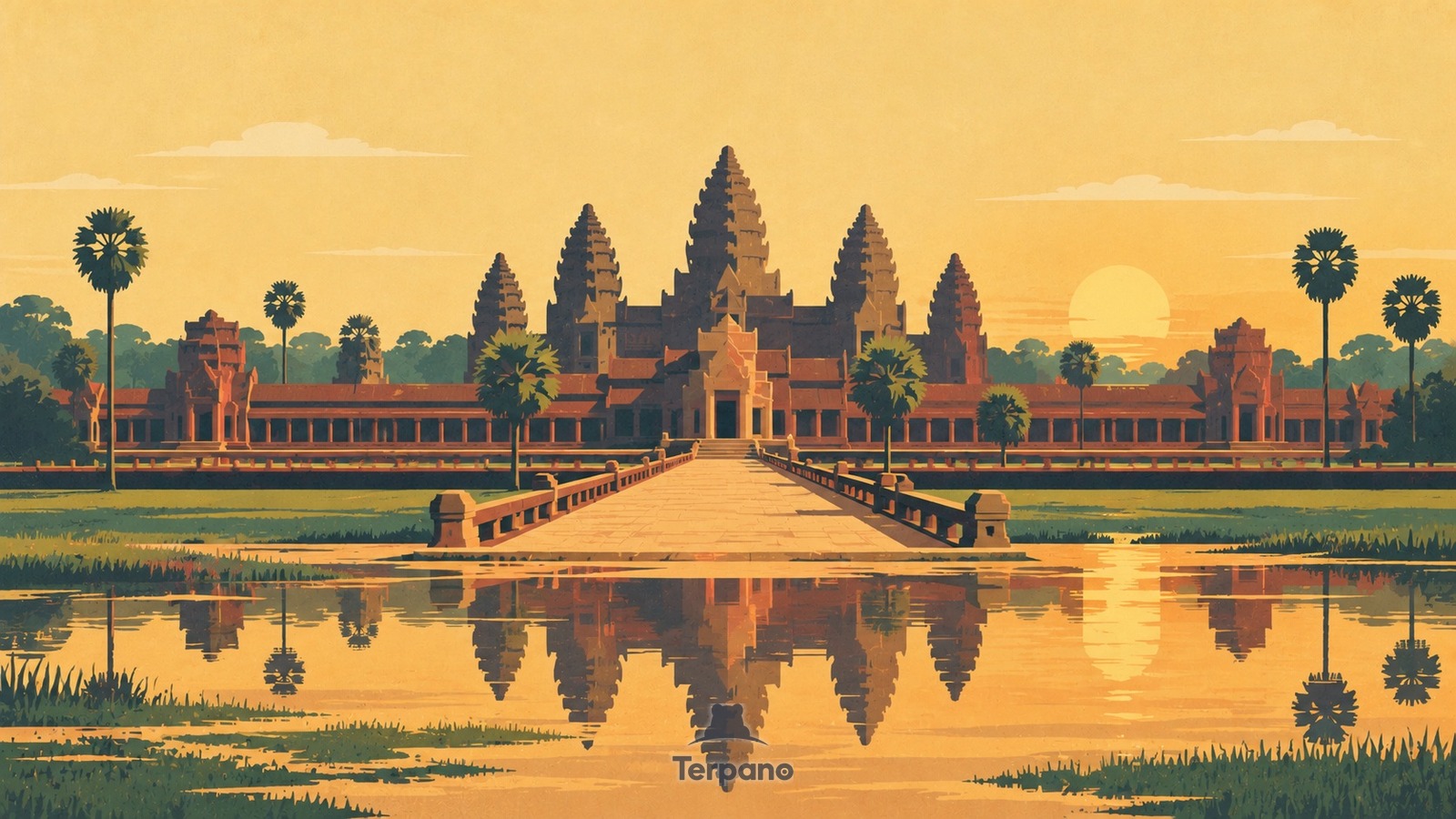 Tours en bouton de lotus au-delà des douves d'Angkor — illustration originale de Angkor Wat, Siem Reap, Cambodge