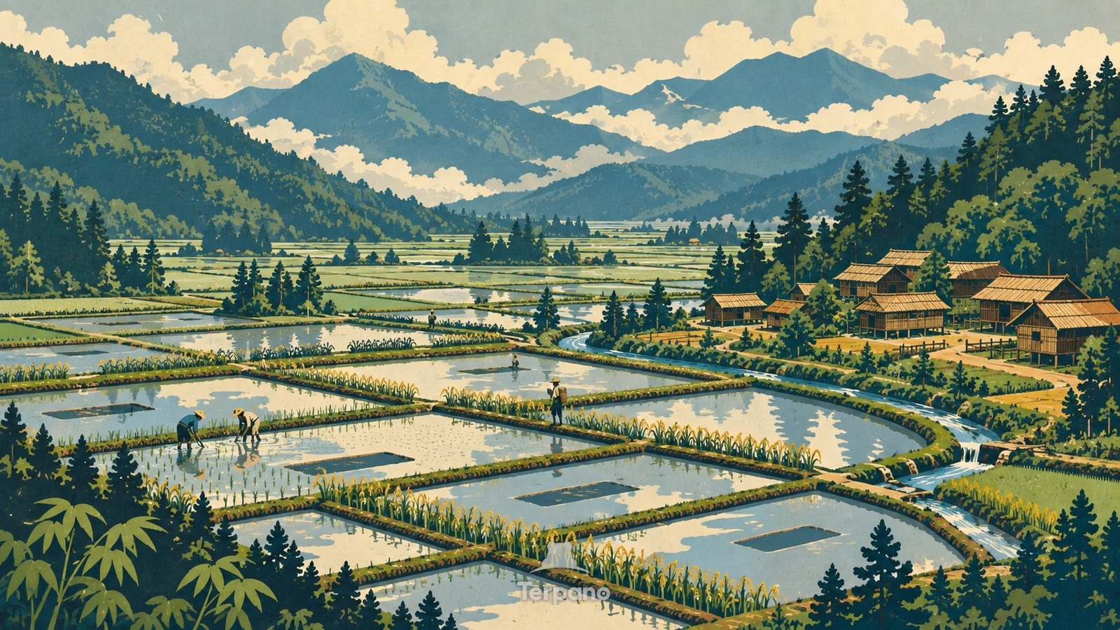 Talmosaik aus Reis und Fisch — Originalillustration von Ziro-Tal, Arunachal Pradesh, Indien