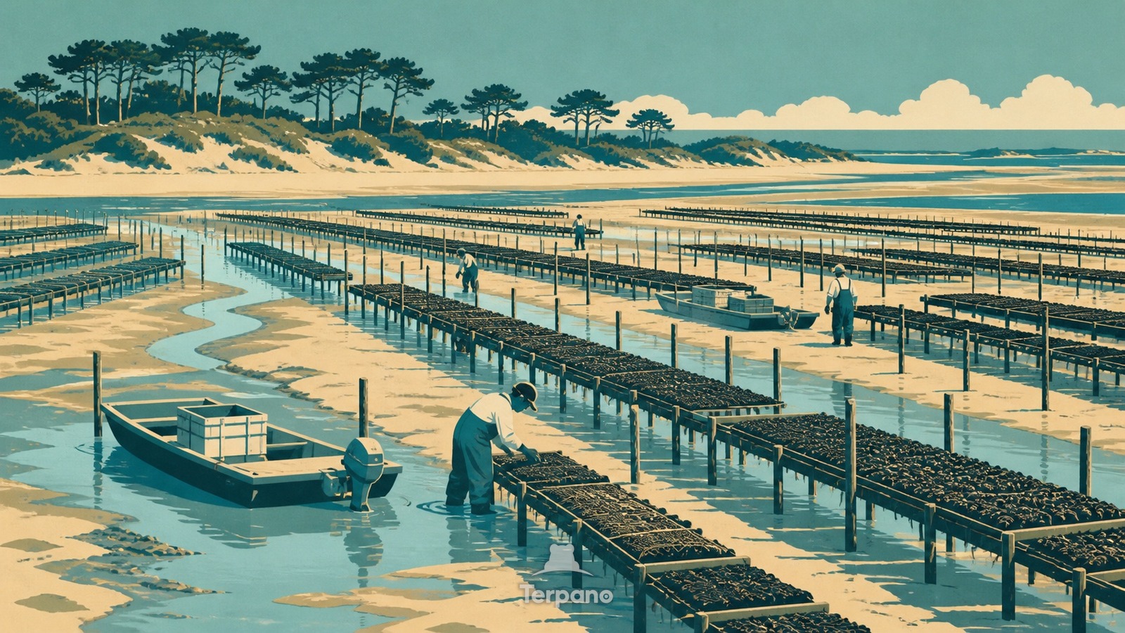 Tables ostréicoles à marée basse — illustration originale de Bassin d'Arcachon, France