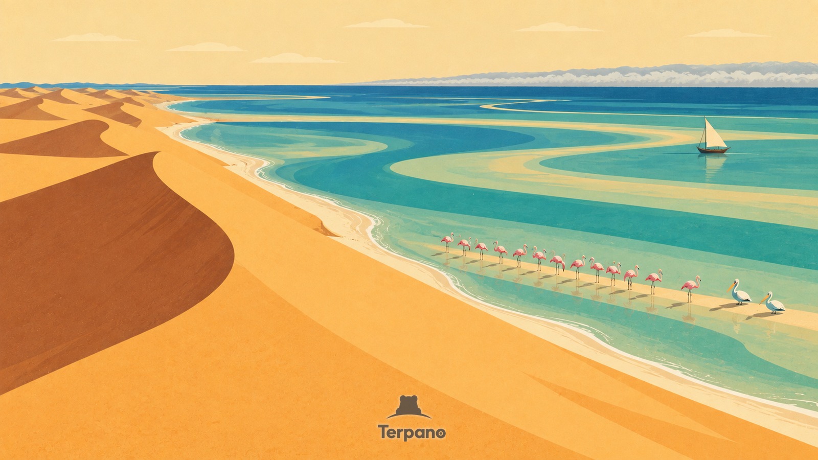 Les dunes du Sahara rejoignent les hauts-fonds de l'Atlantique — illustration originale de Banc d’Arguin, Mauritanie