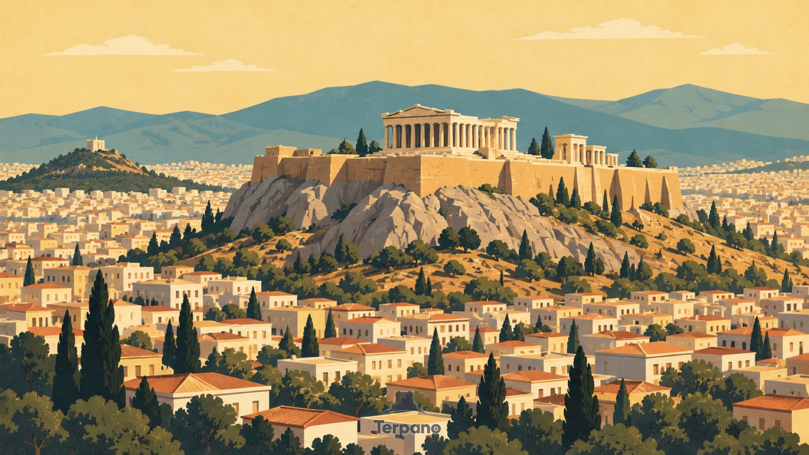L'Acropole au-dessus du bassin d'Athènes — illustration originale de Acropole d'Athènes, Grèce