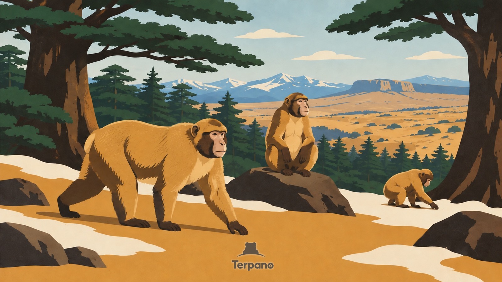Macaques in a Snowy Atlas Cedar Forest — original illustration of Middle Atlas, Morocco