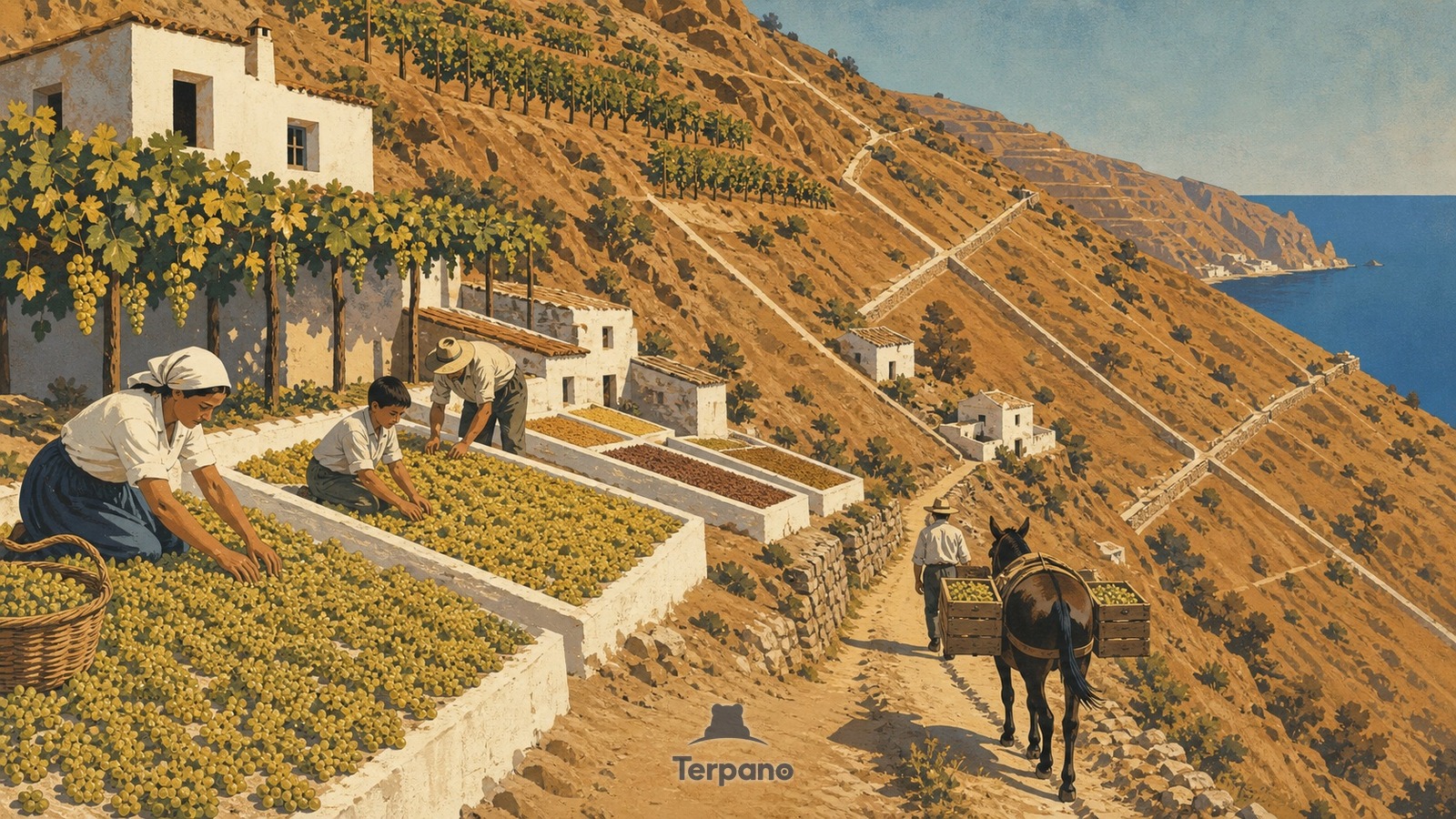 Aie di essiccazione sui pendii a vigna — illustrazione originale di La Axarquía, Málaga, Spagna