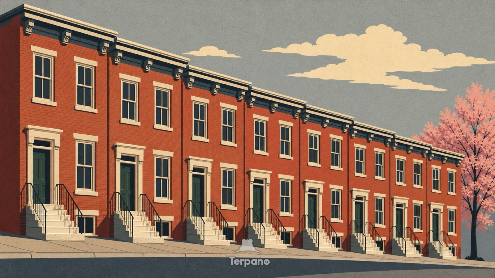 Reihenhäuser mit Marmorstufen — Originalillustration von Stadt an der Chesapeake-Fall-Line, USA