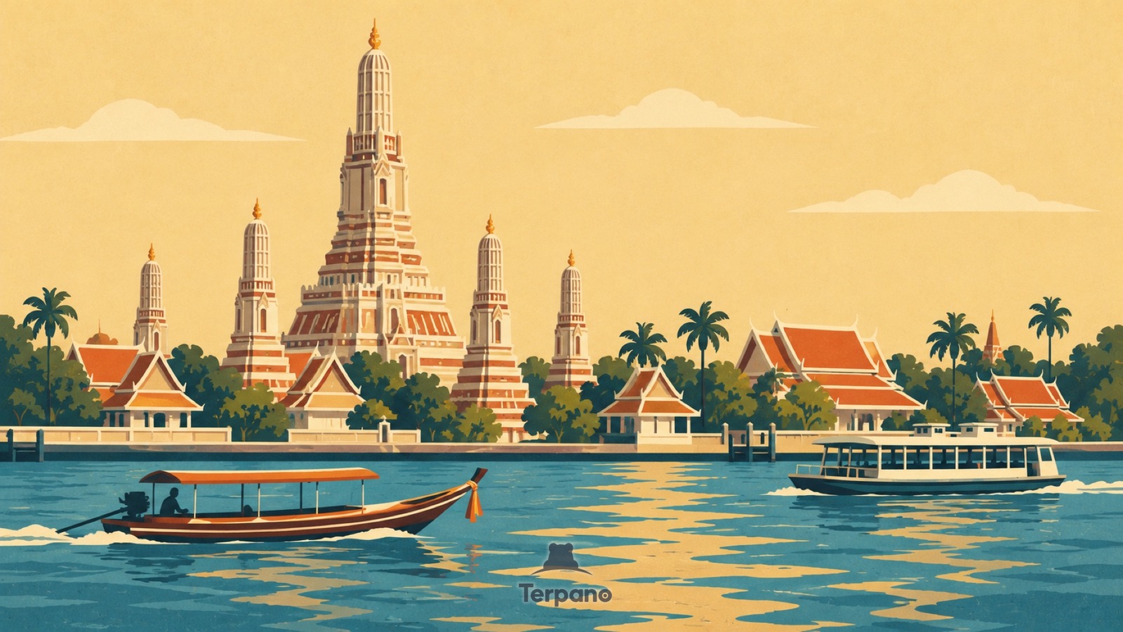 Wat Arun am Flussverkehr Bangkoks — Originalillustration von Wat Arun, Bangkok, Thailand