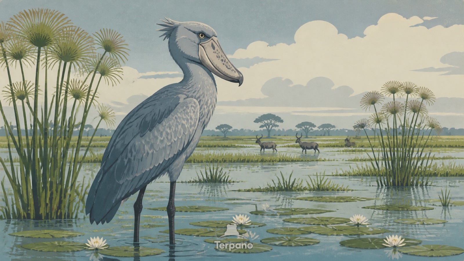 Shoebill in a Papyrus Wetland — original illustration of Bangweulu Wetlands, Zambia