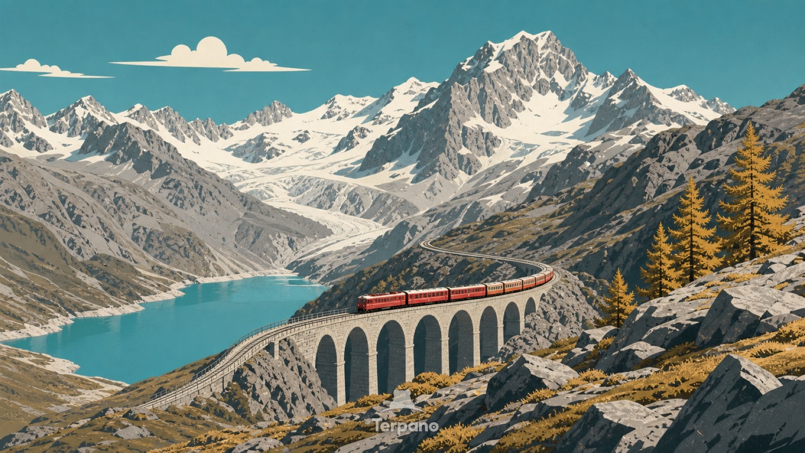 Red Train beneath Alpine Glaciers — original illustration of Bernina Pass, Switzerland