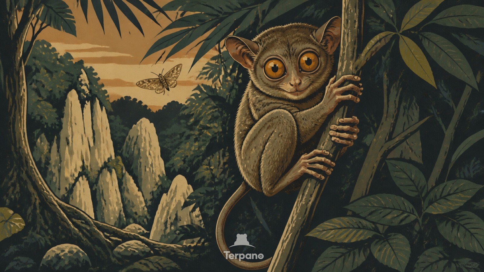 Koboldmaki in einem Kalksteinwald — Originalillustration von Insel Bohol, Philippinen