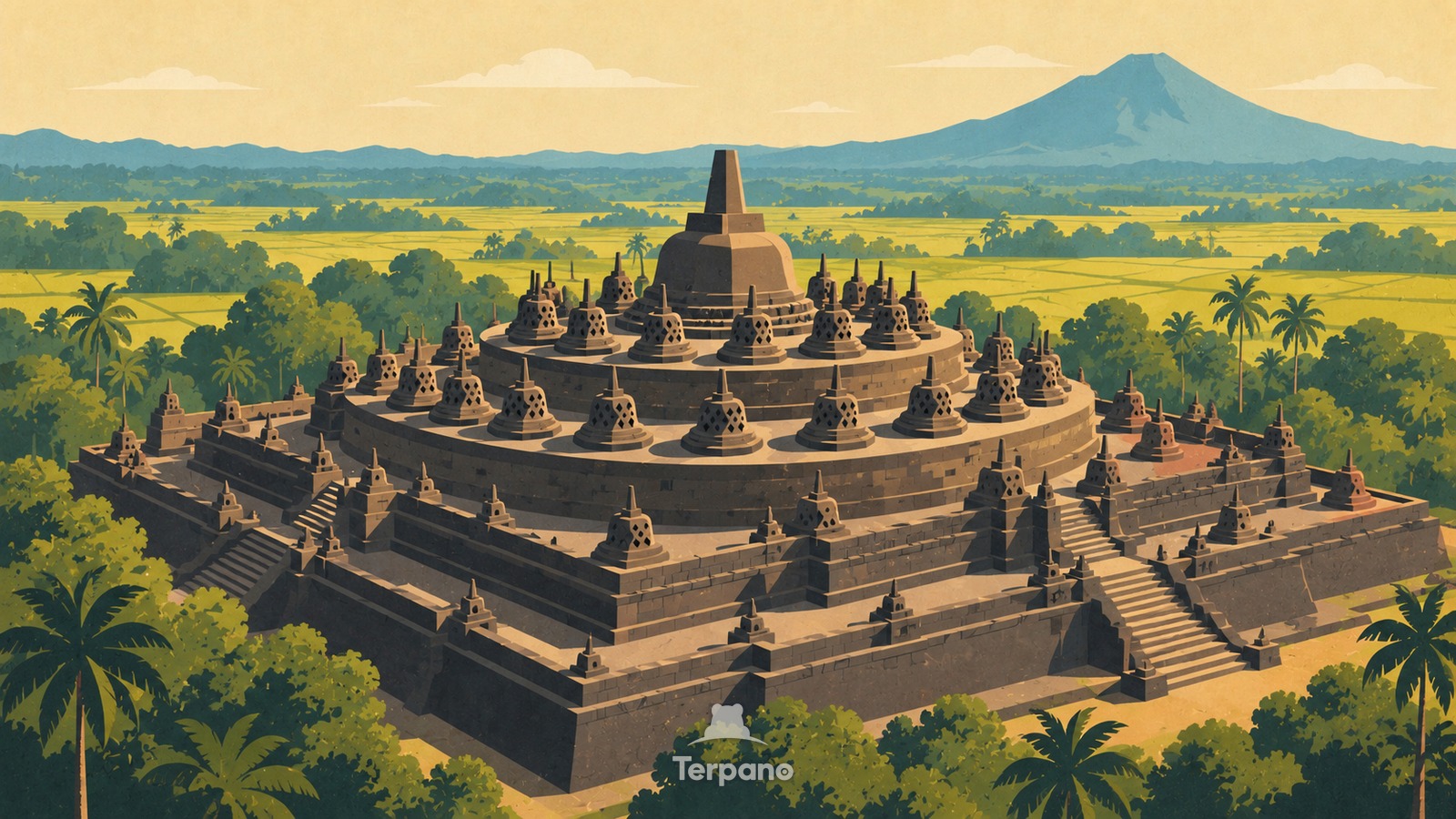 Les terrasses concentriques de stupas de Borobudur — illustration originale de Borobudur, Java central, Indonésie
