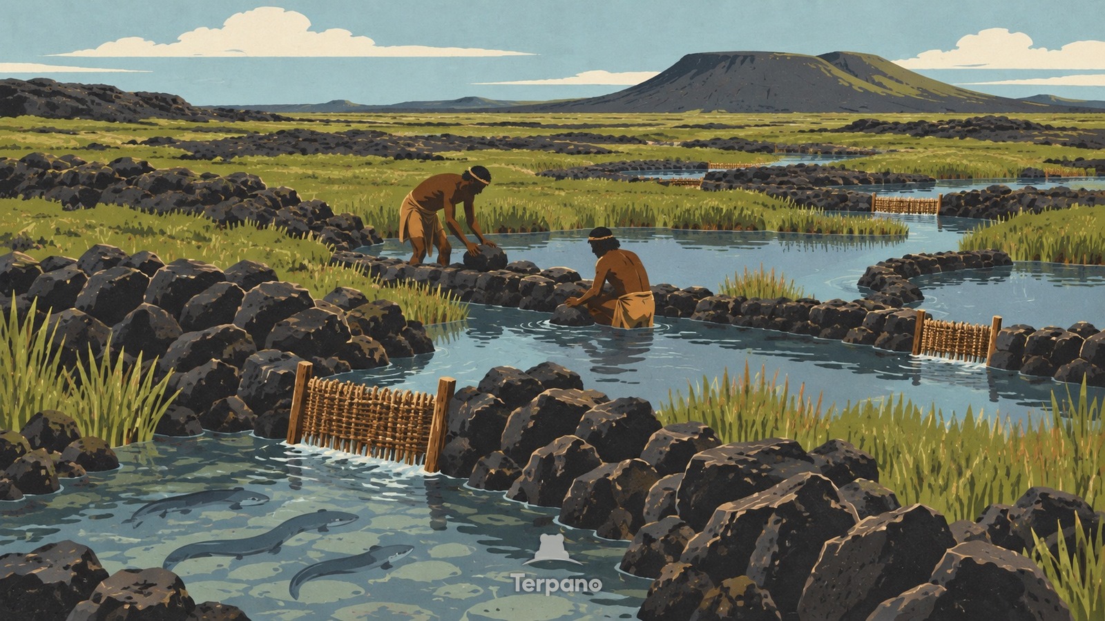 Basaltkanäle durch ein Feuchtgebiet — Originalillustration von Tae Rak, Budj Bim, Victoria, Australien