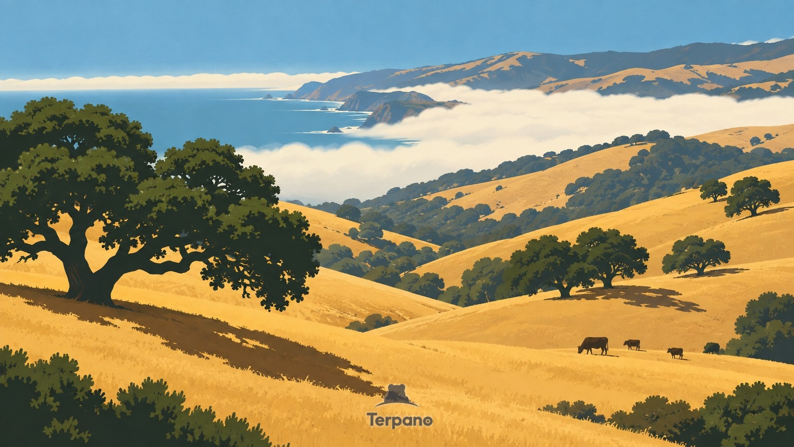 Eichen auf Kaliforniens sommergoldenen Hügeln — Originalillustration von Zentrale kalifornische Küstengebirge, USA
