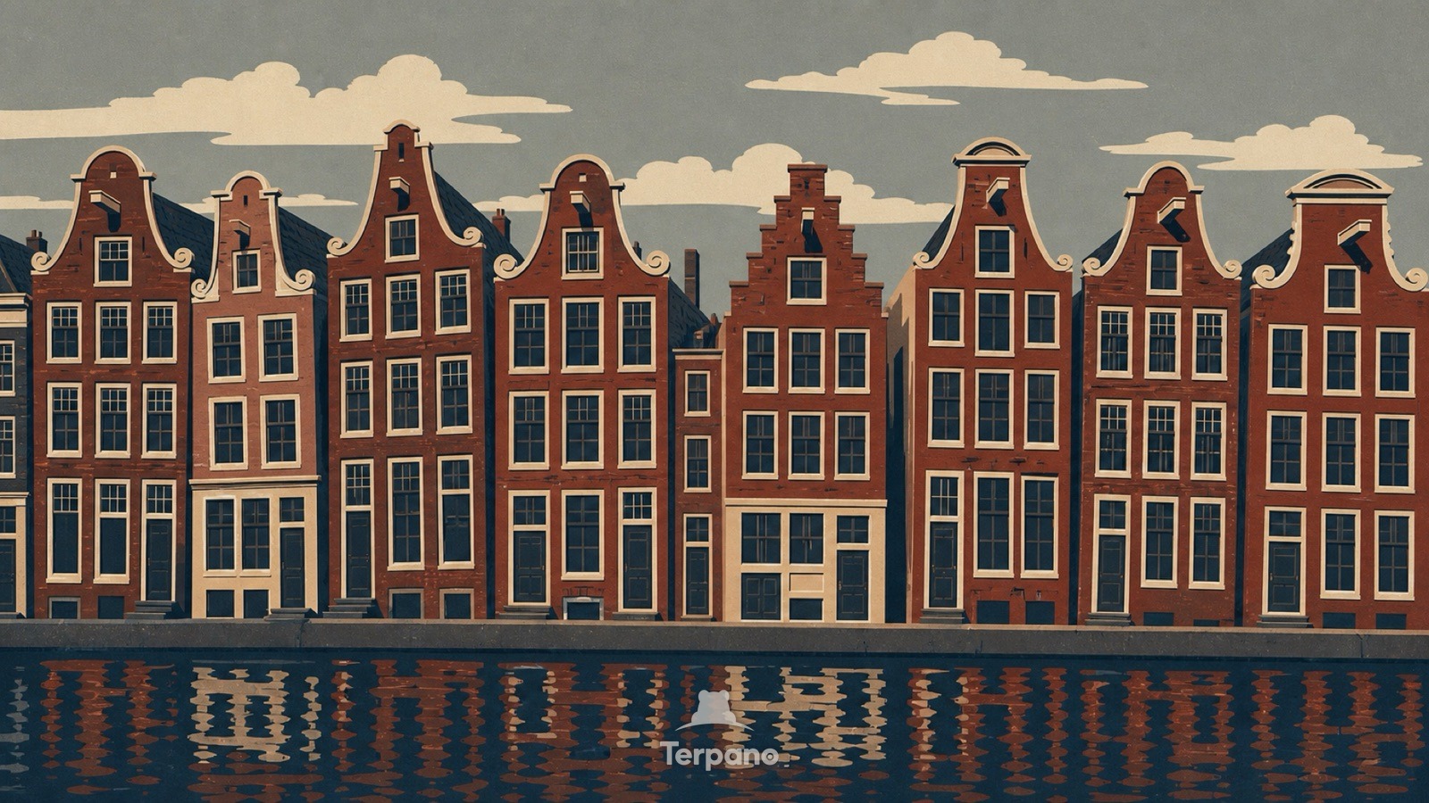 Narrow Canal House Row — original illustration of Amsterdam Canal District, Netherlands