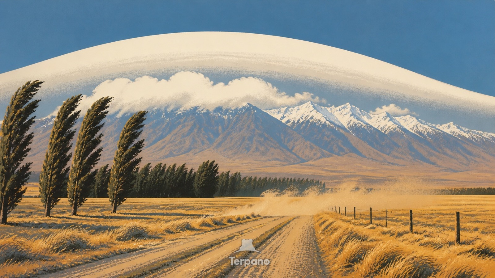 Nor'wester-Bogen über Ackerland — Originalillustration von Mittlere Canterbury-Ebene, Neuseeland