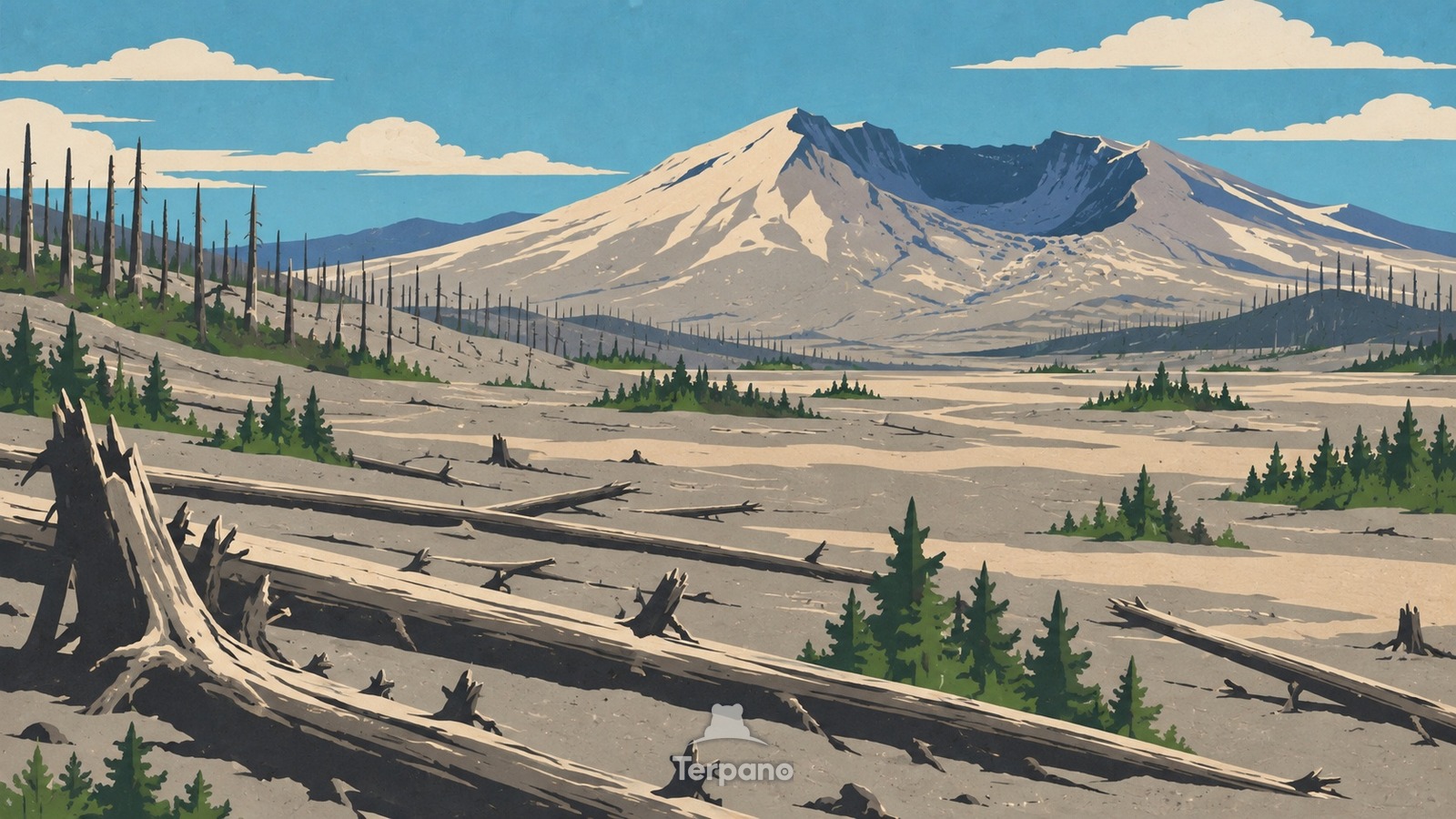 Ein Wald erneuert sich nach einer seitlichen Explosion — Originalillustration von Ausbruchszone des Mount St. Helens, USA