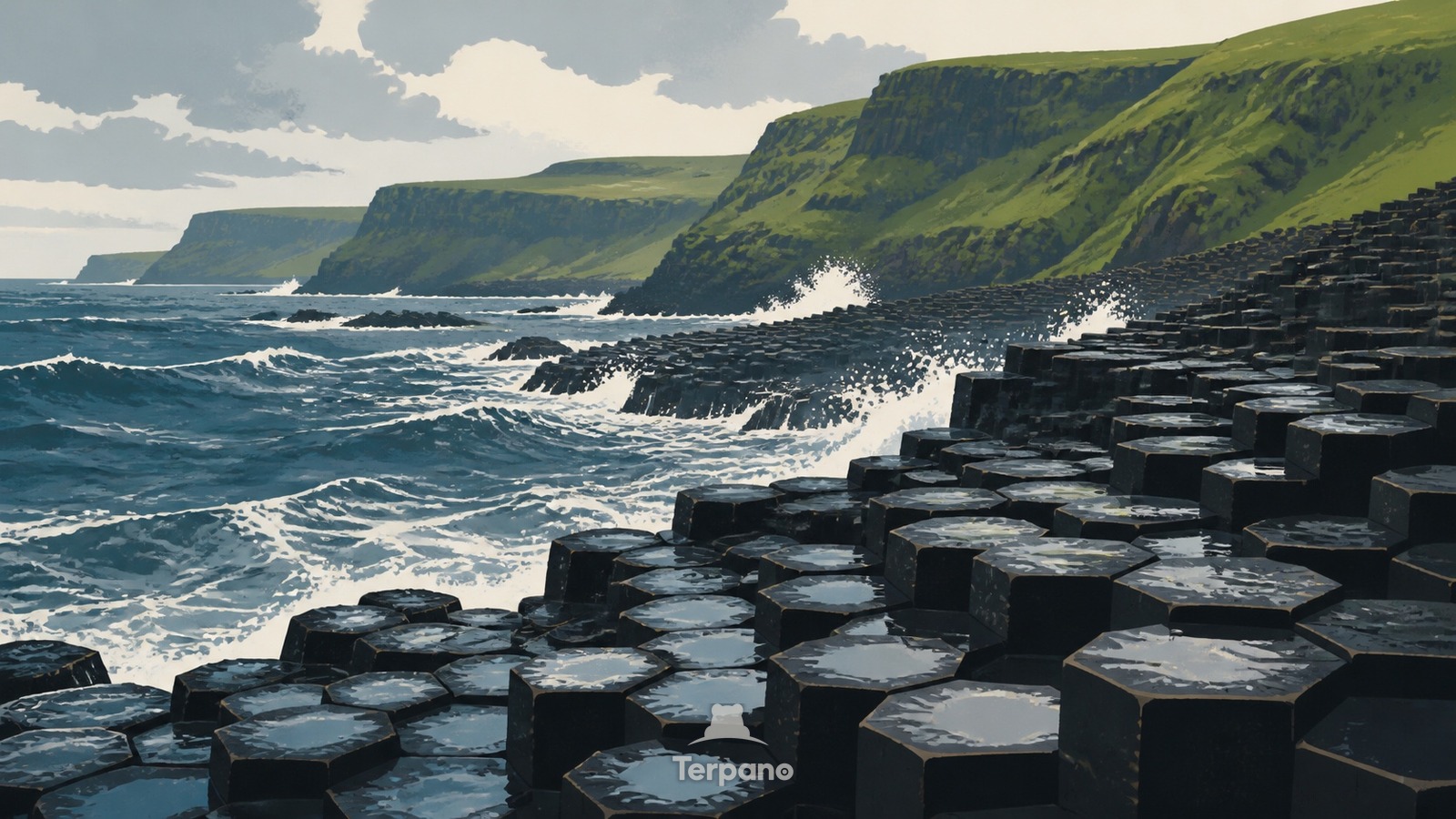 Basaltsäulen am Atlantik — Originalillustration von Causeway Coast, Nordirland
