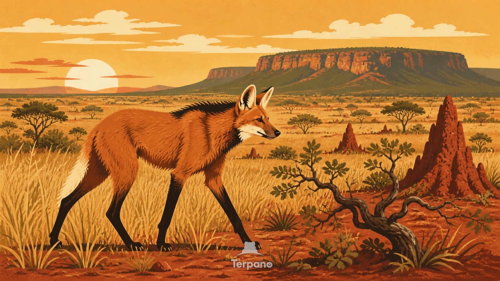 Mähnenwolf im Cerrado — Originalillustration von Zentralbrasilianischer Cerrado