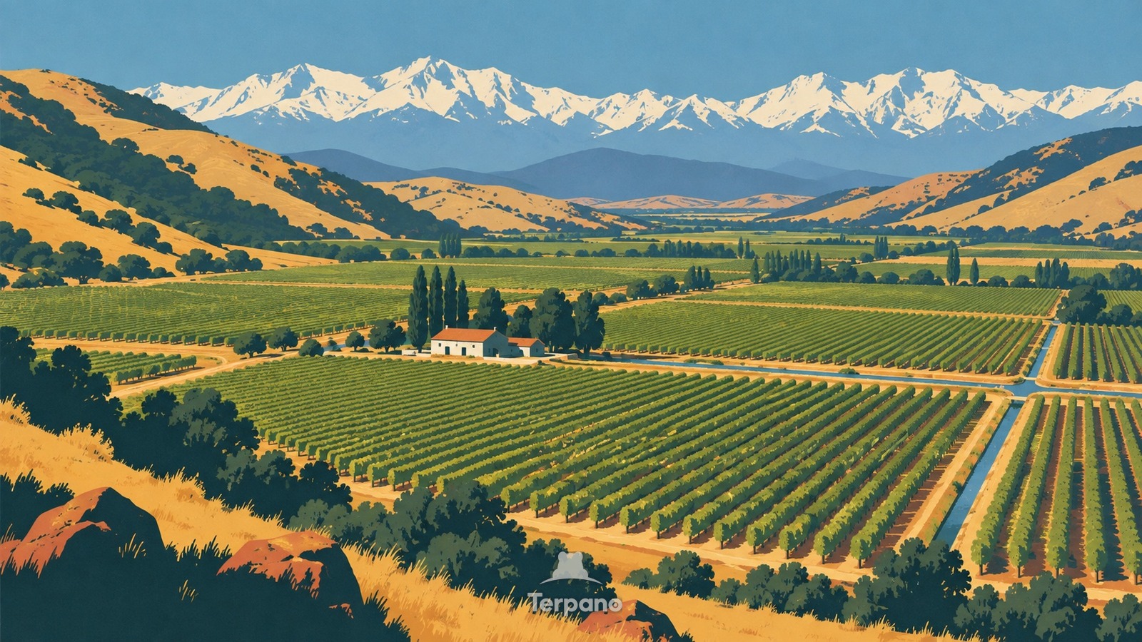 Vineyards beneath a Snowy Andean Wall — original illustration of Central Chile Valley