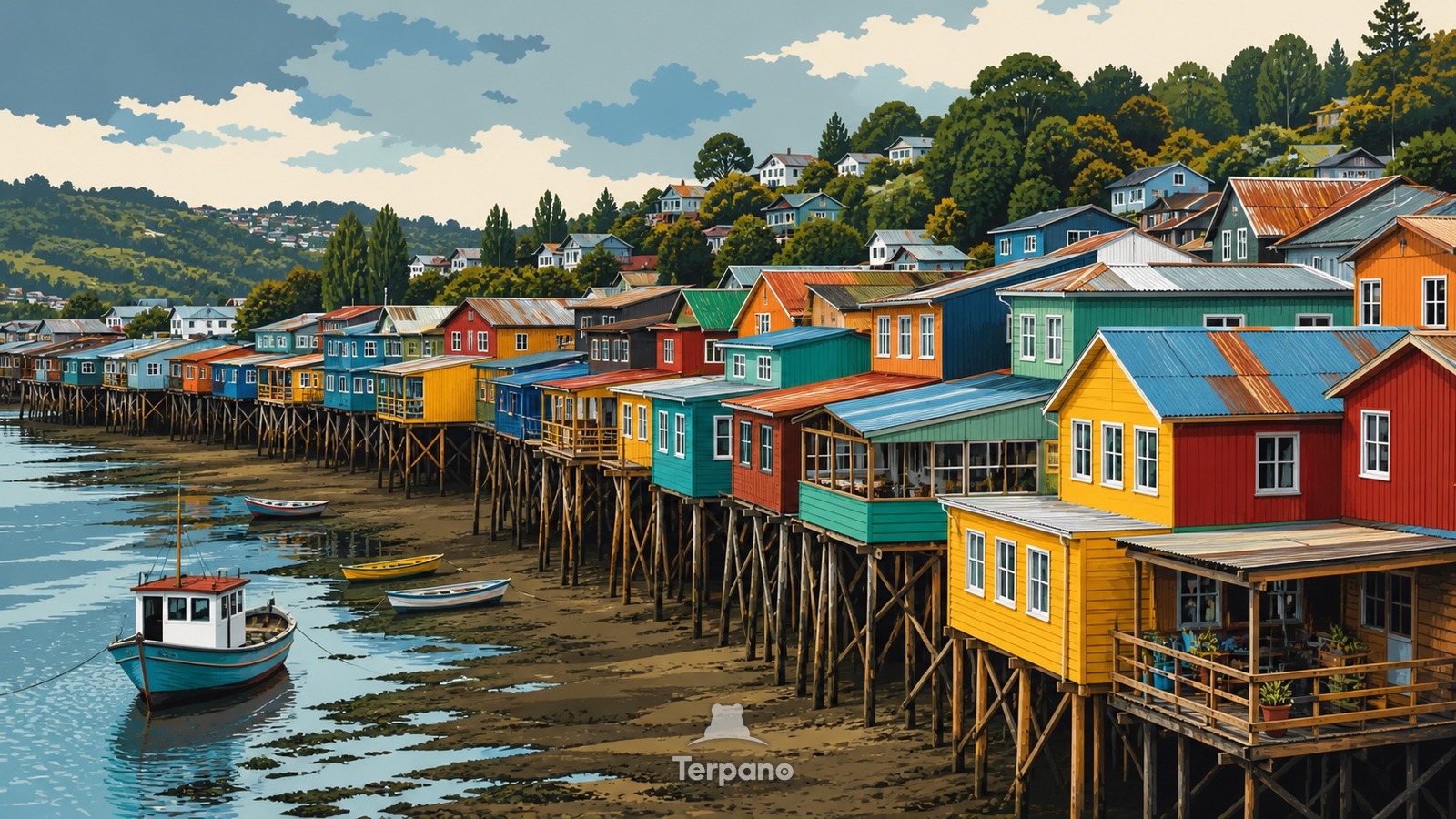 Pfahlhäuser im Tidenbereich — Originalillustration von Castro, Chiloé, Chile