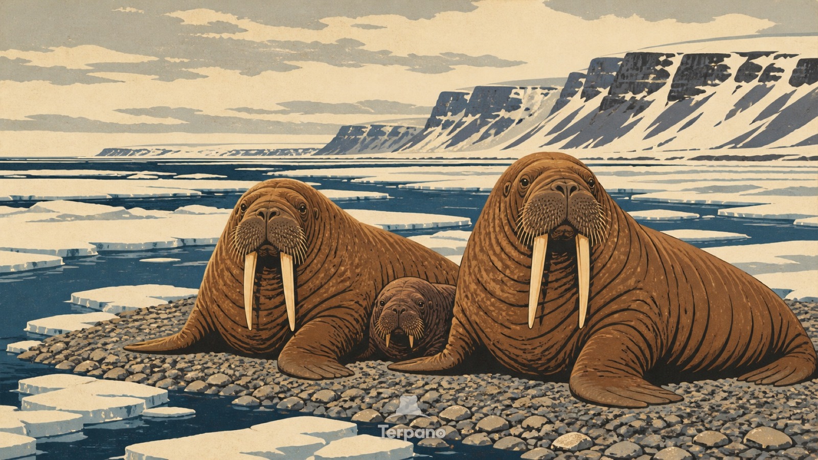 Walrosse an der Eiskante — Originalillustration von Küste der Tschuktschensee, Alaska, USA