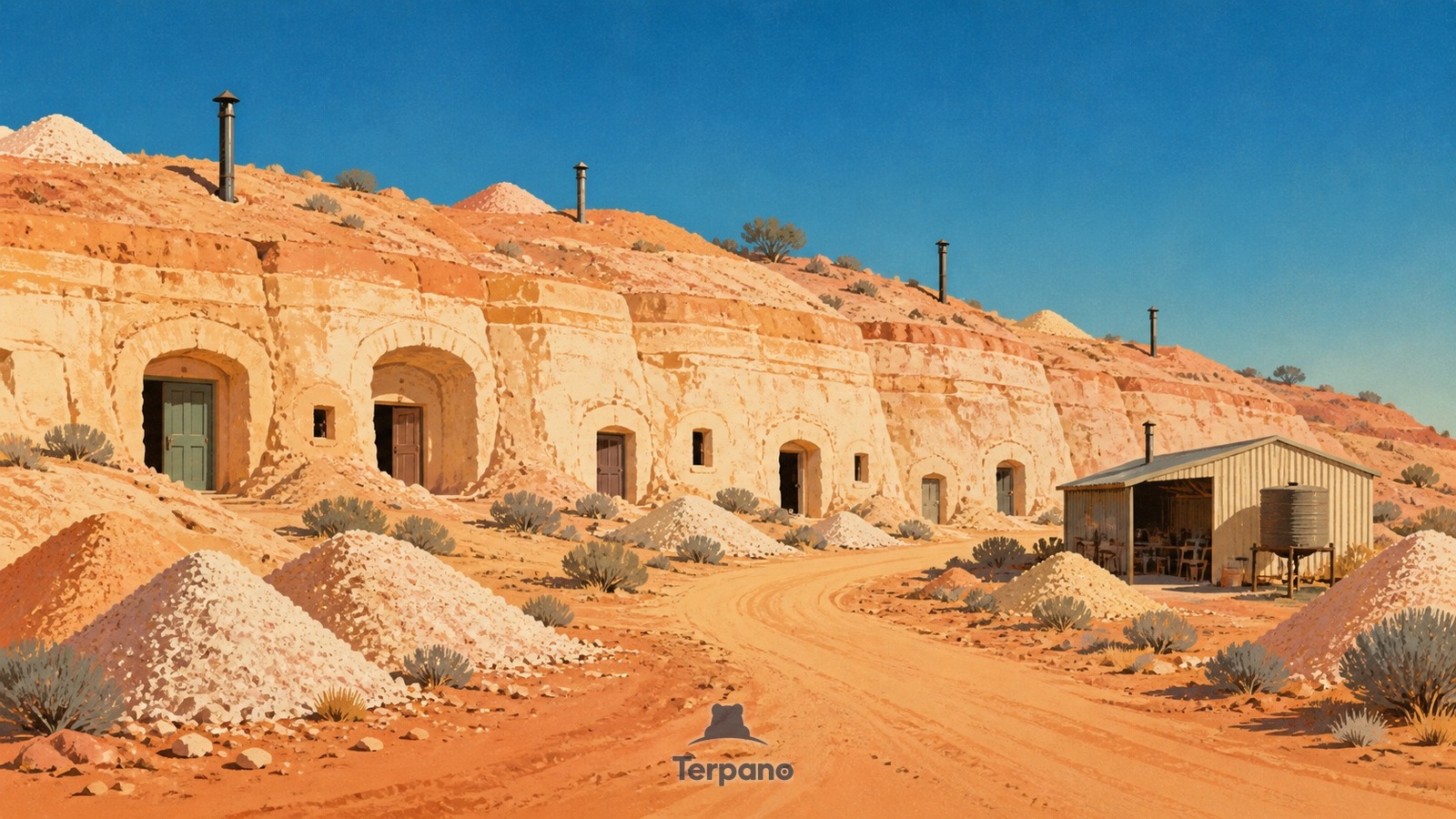 Sandstone Dugout Settlement — original illustration of Coober Pedy, South Australia, Australia