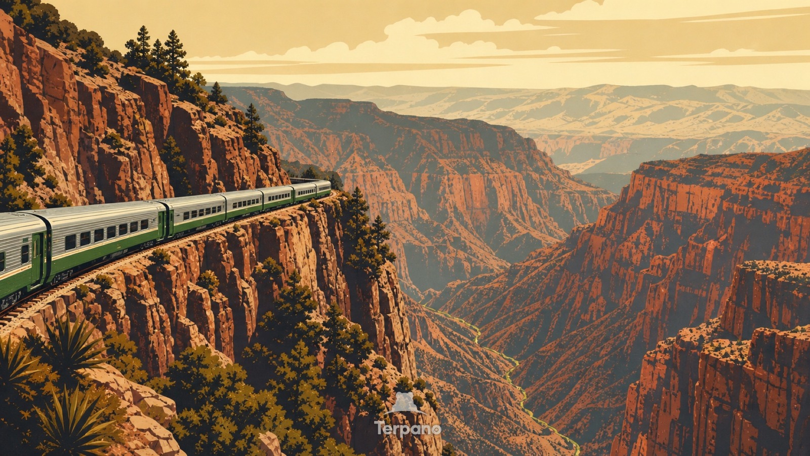 Ferrovia sopra un canyon color rame — illustrazione originale di Copper Canyon, Messico