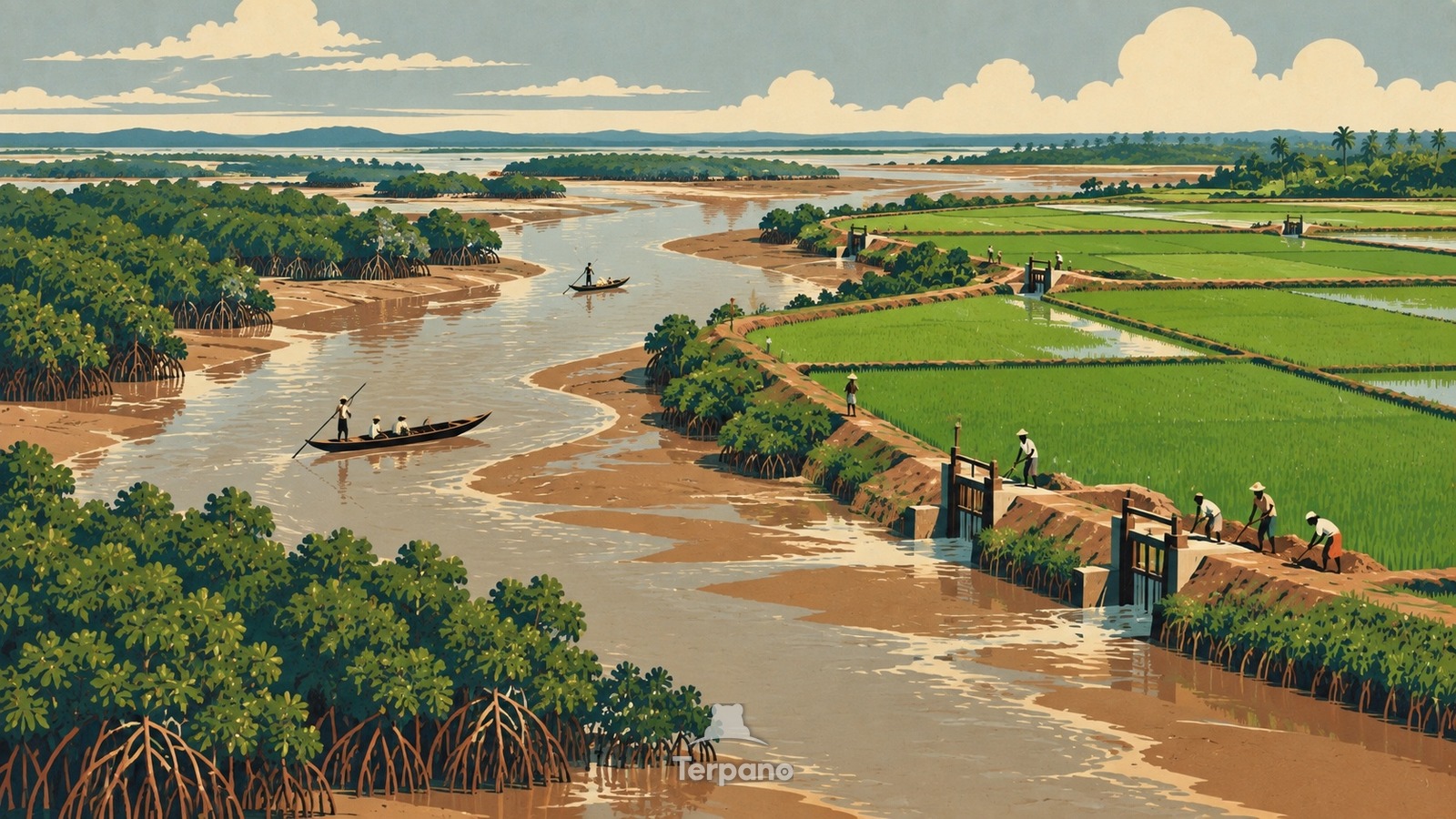 Rice Polders behind Mangrove Dikes — original illustration of Cumbidjã River, Tombali, Guinea-Bissau