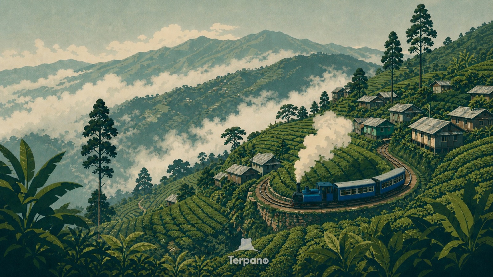 Toy Train through Tea Hills — original illustration of Darjeeling Hills, India