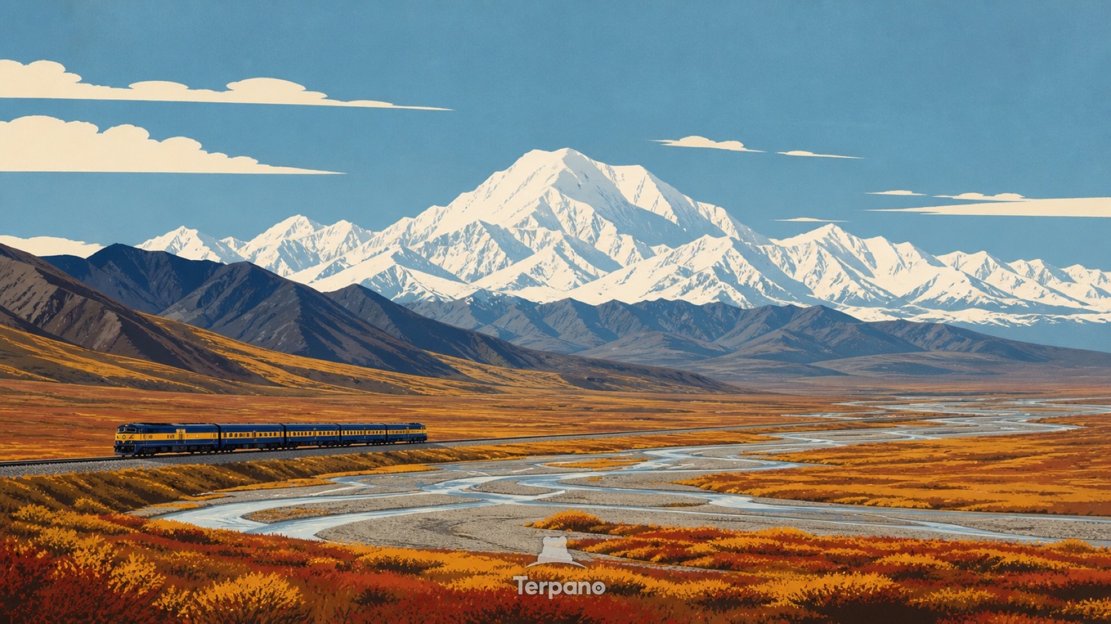 Train across the Alaskan Tundra — original illustration of Denali Region, Alaska, USA