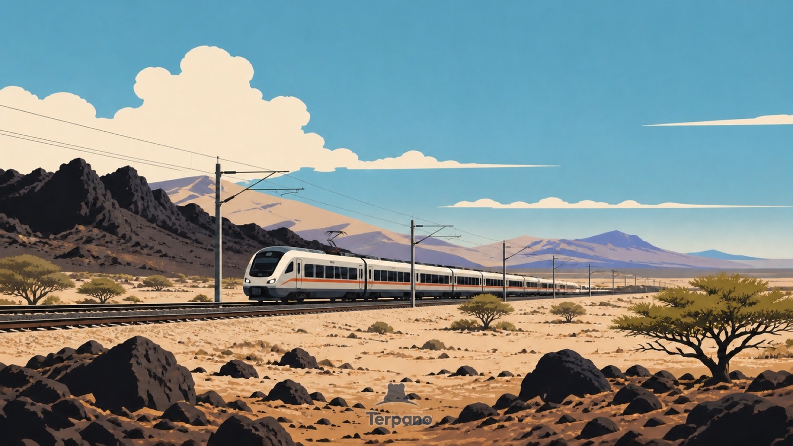 Electric Train across the Rift Desert — original illustration of Ali Sabieh Region, Djibouti