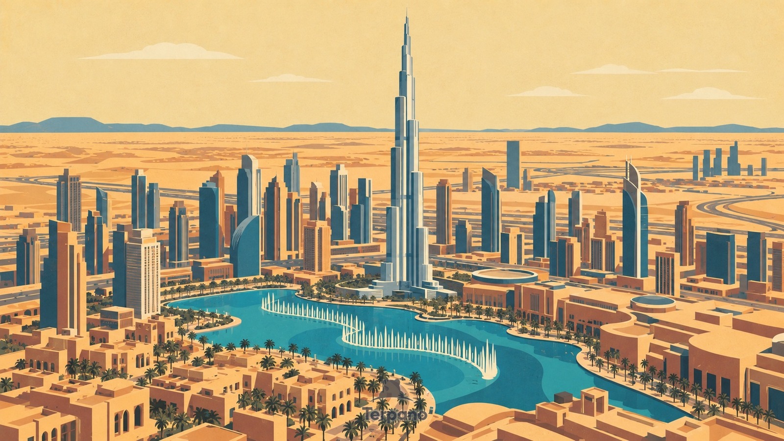 Une tour-aiguille au-dessus d'un centre-ville du désert — illustration originale de Centre-ville de Dubaï, Émirats arabes unis