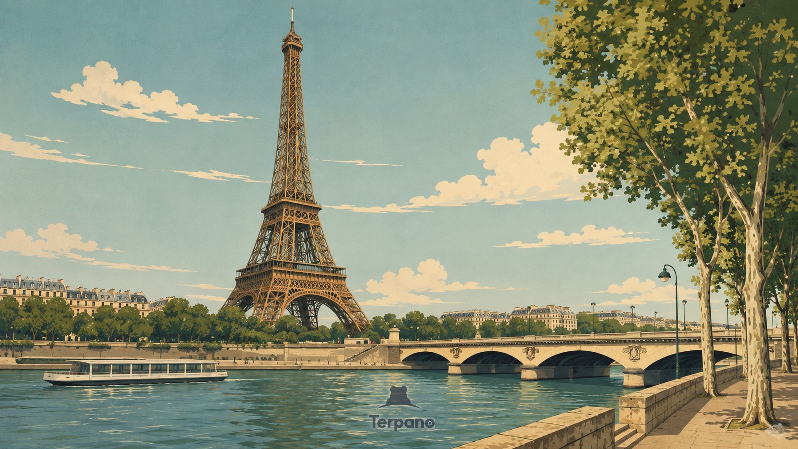 Eiffel Tower beside the Seine — original illustration of Eiffel Tower, Paris, France