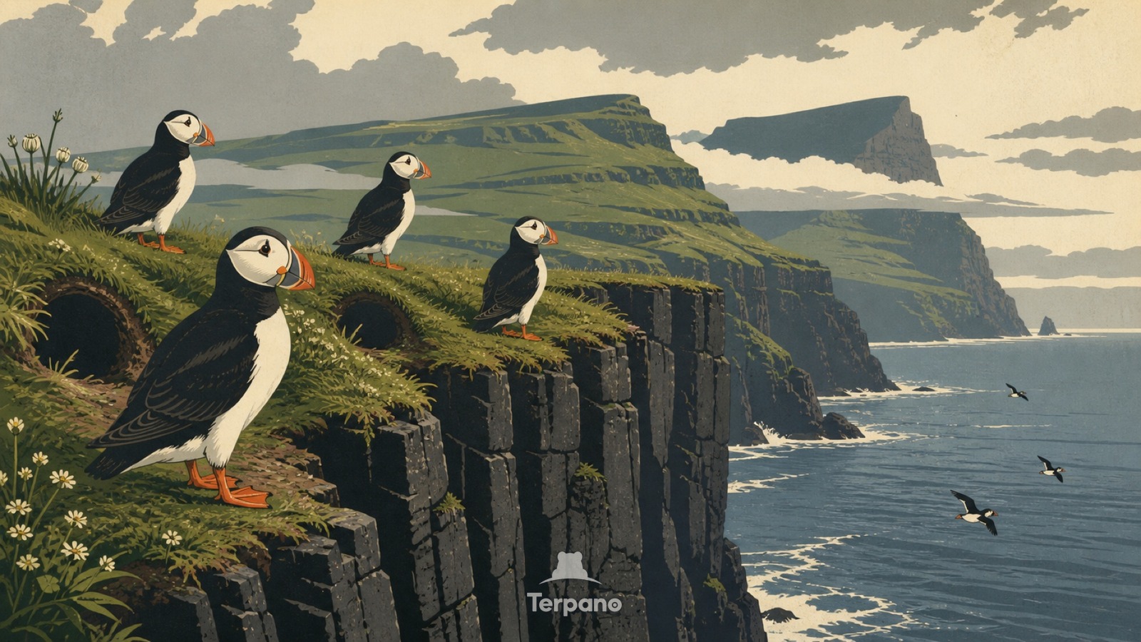 Frailecillos en acantilados del Atlántico Norte — ilustración original de Islas Feroe