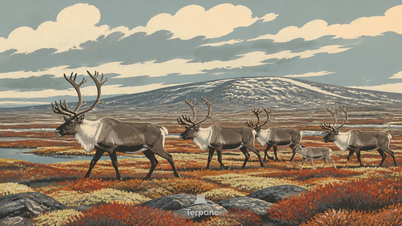 Reindeer Crossing the Finnmark Tundra — original illustration of Finnmark Plateau, Norway