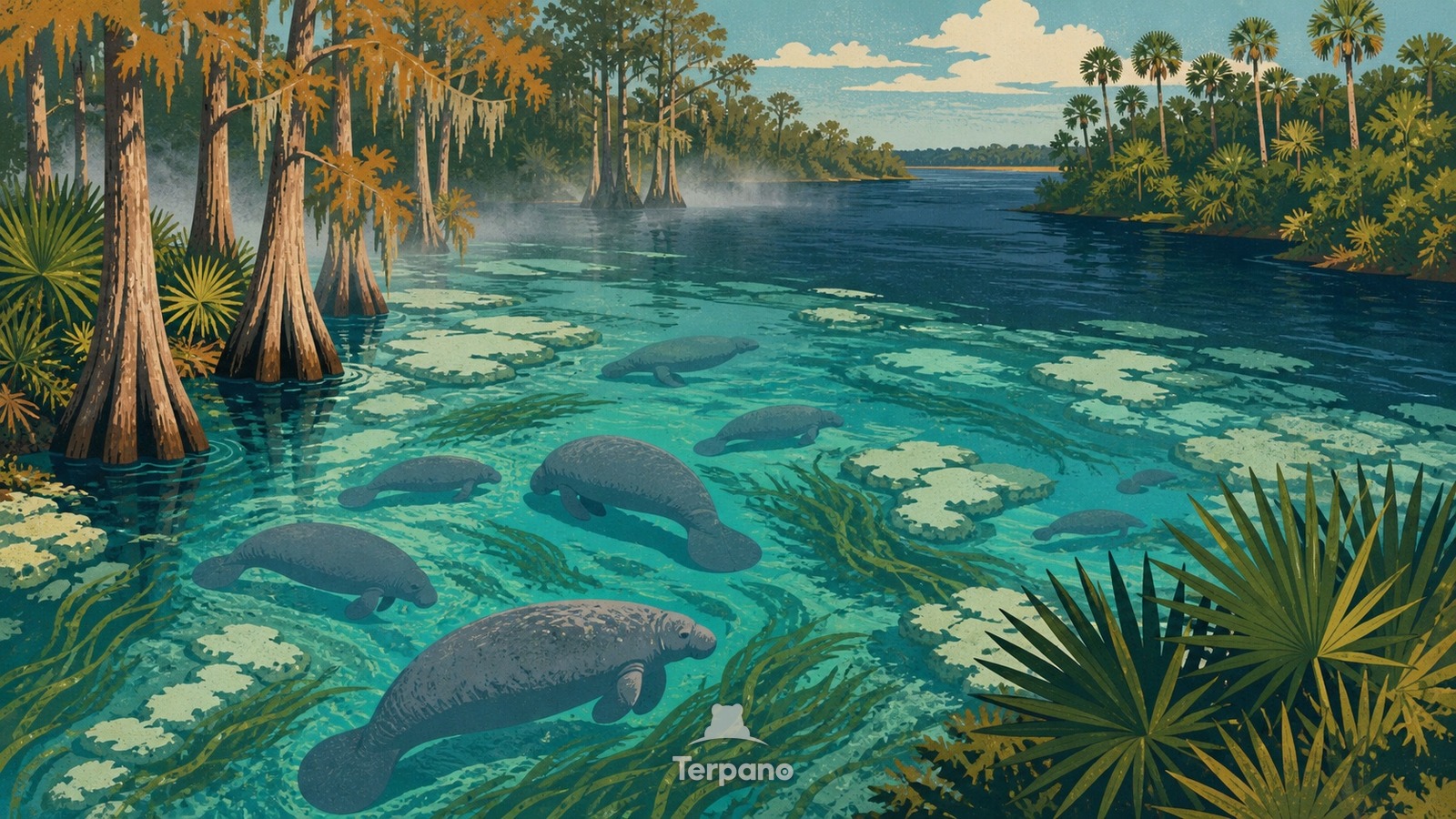 Lamantini in un canale sorgivo — illustrazione originale di Crystal River, Florida, Stati Uniti