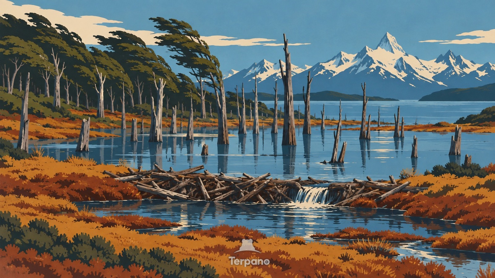 Una foresta allagata alla fine delle Ande — illustrazione originale di Terra del Fuoco, Argentina