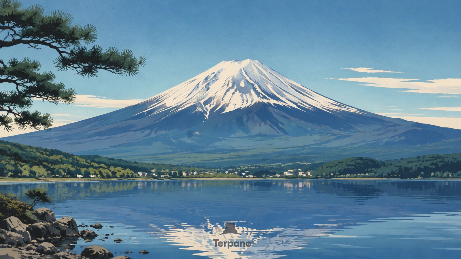 Snow-Capped Fuji beyond a Quiet Lake — original illustration of Mount Fuji from Lake Kawaguchi, Japan