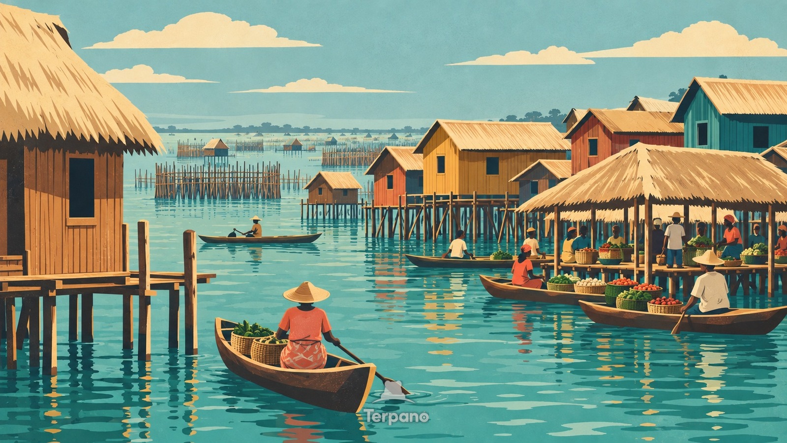 Pfahldorf über einem flachen See — Originalillustration von Ganvié am Nokoué-See, Benin