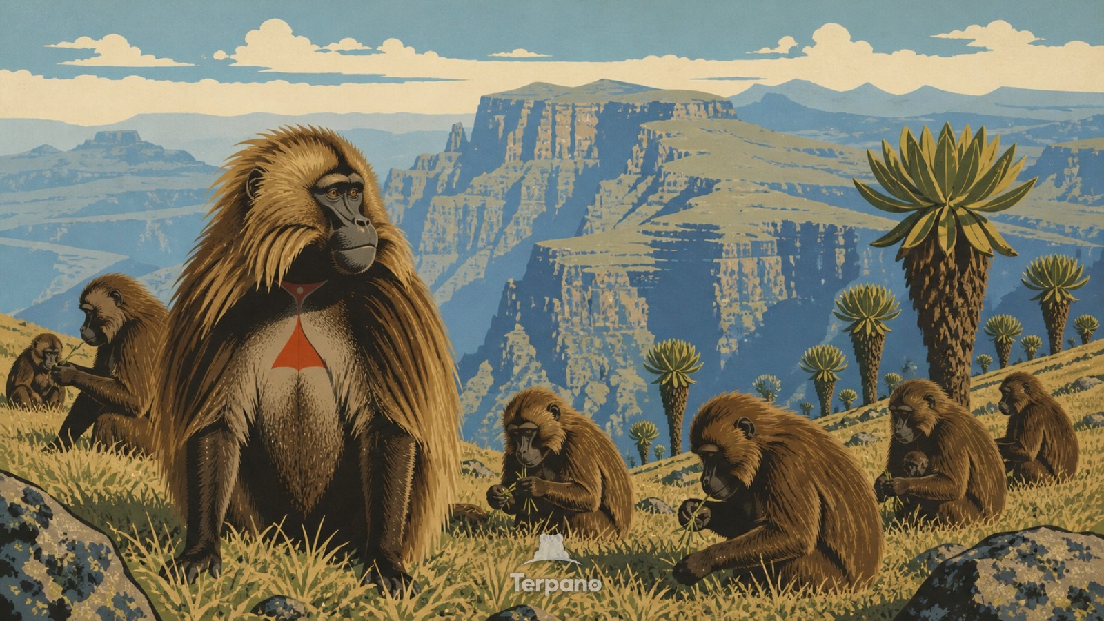 Geladas on the Escarpment — original illustration of Simien Mountains, Ethiopia