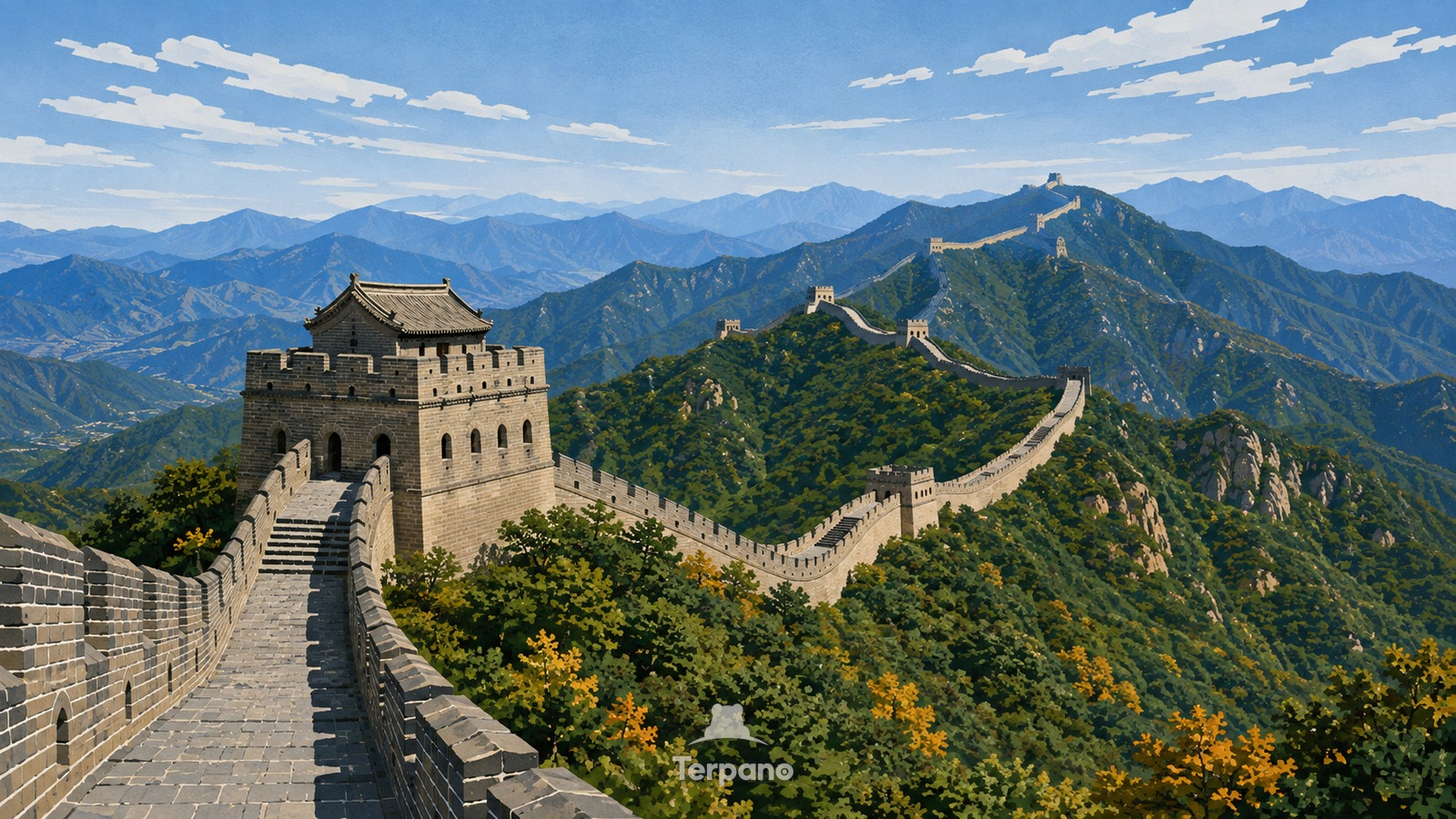 Great Wall across Forested Ridges — original illustration of Mutianyu Great Wall, Beijing, China