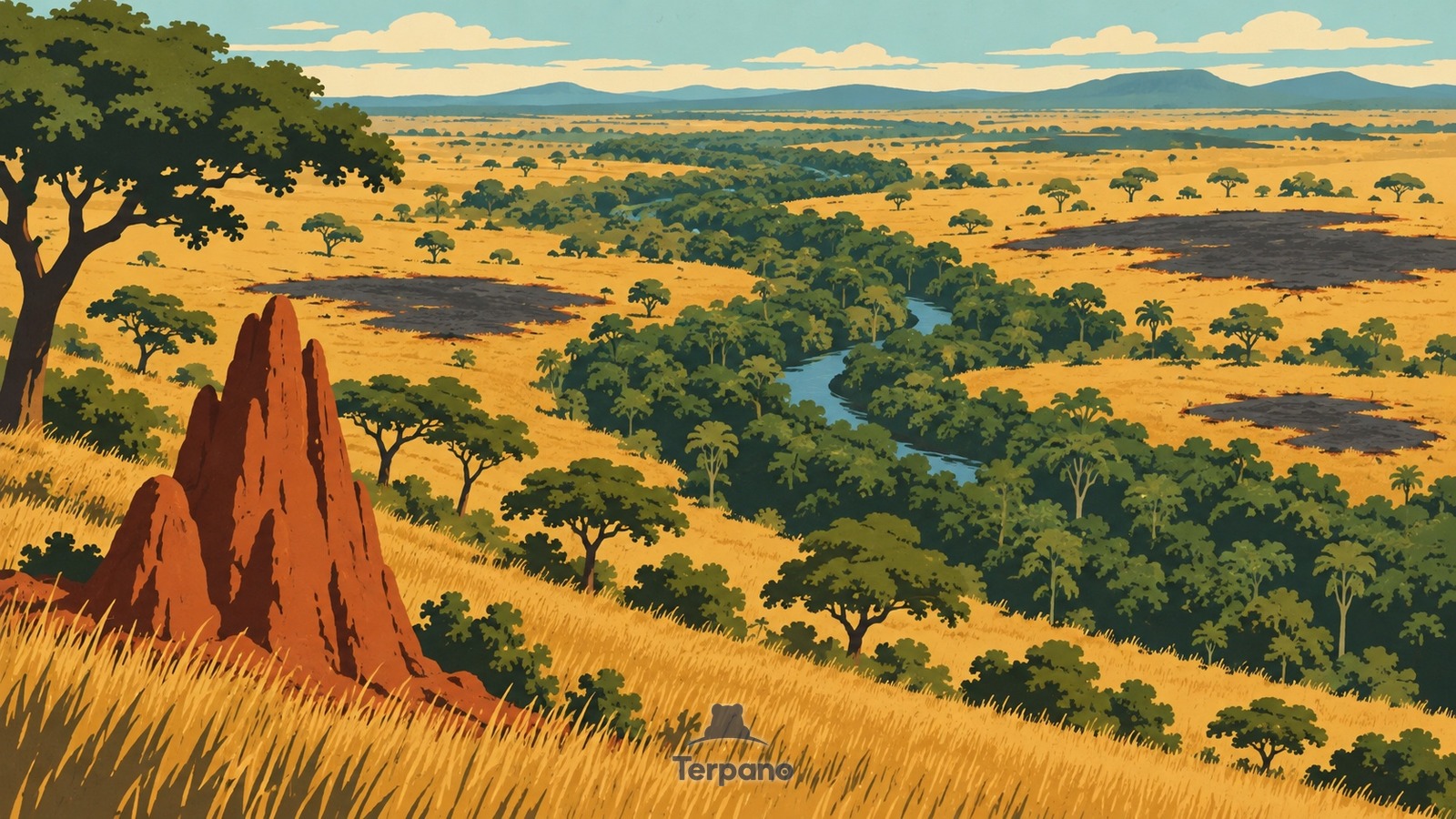 Galeriewald in einem verbrannten Savannenmosaik — Originalillustration von Zentralafrikanische Republik