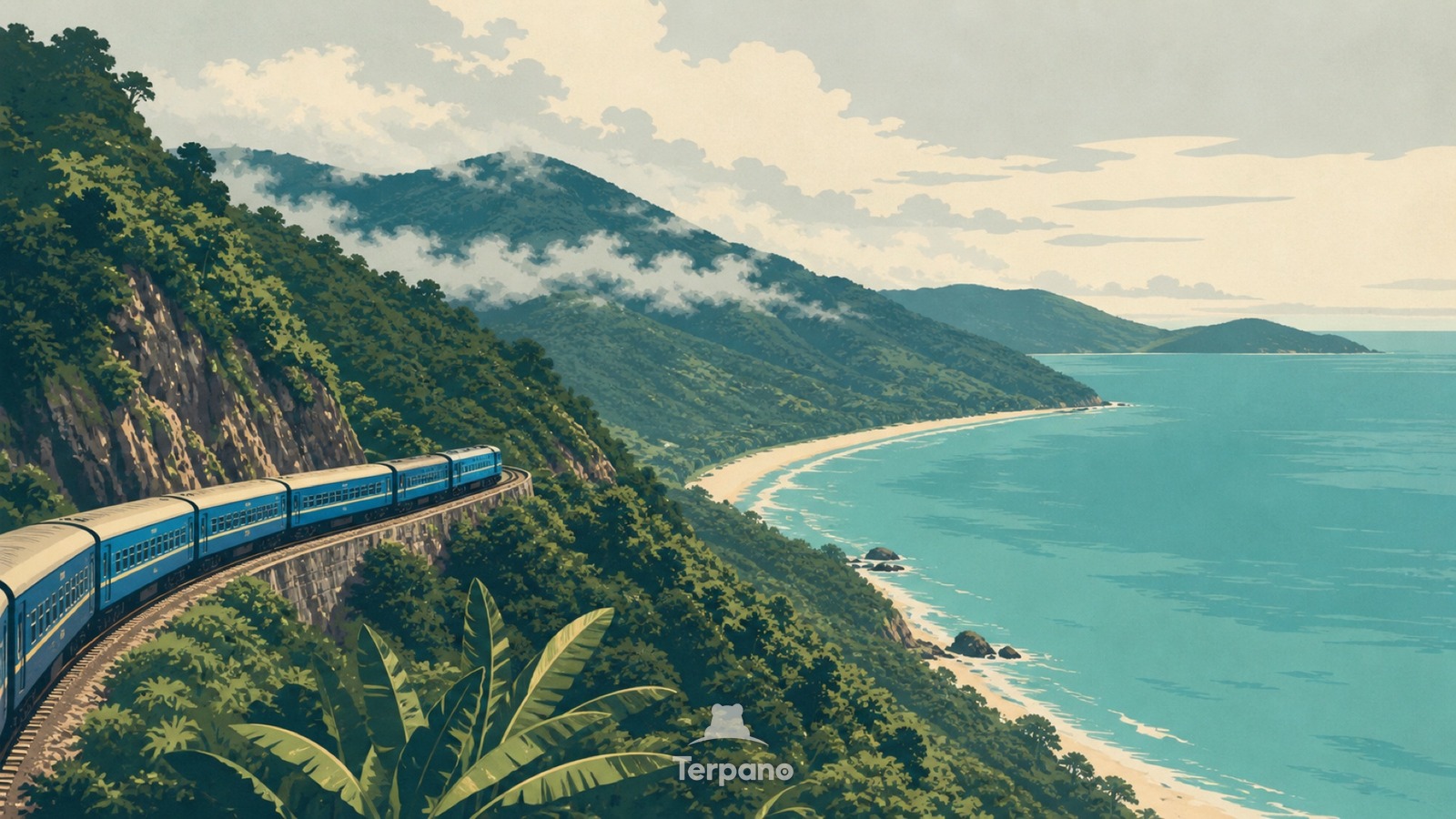 Coastal Train below a Cloudy Pass — original illustration of Hai Van Pass, Vietnam