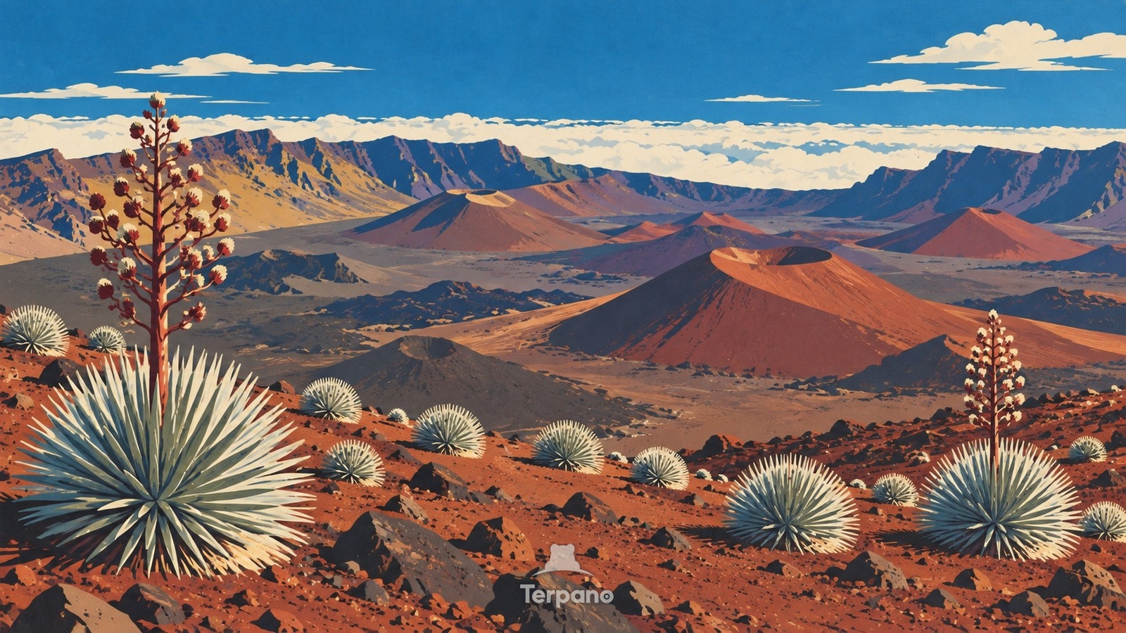 Silver Rosettes on a Volcanic Summit — original illustration of Haleakalā Crater, Maui, Hawaiʻi, USA