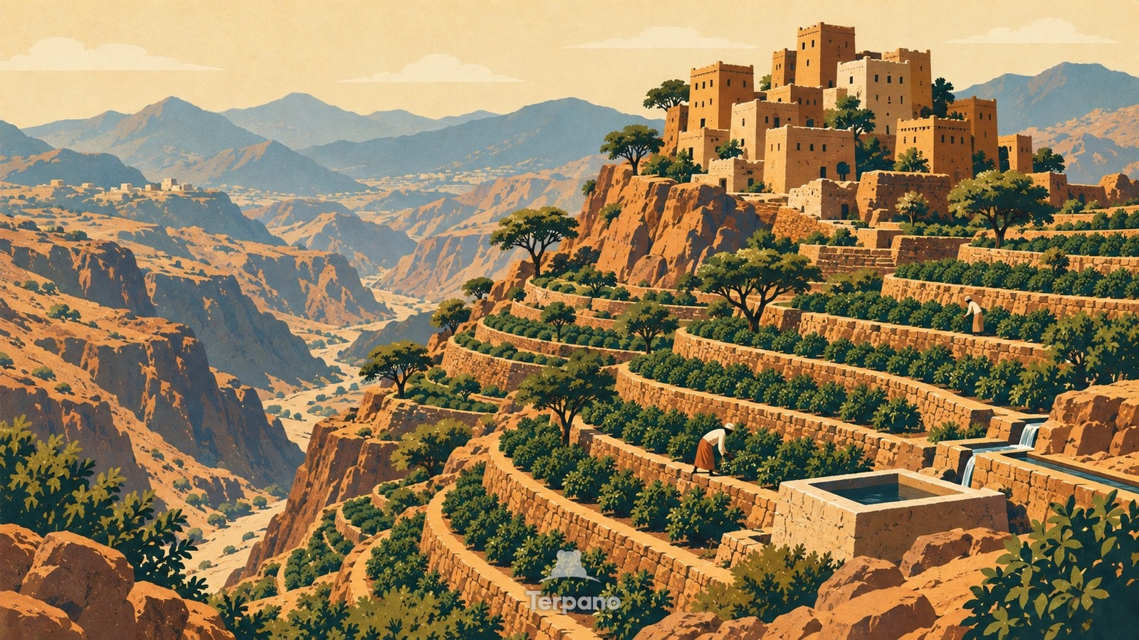 Terrazze di caffè sotto un villaggio a strapiombo — illustrazione originale di Al Hajjara, monti Haraz, Yemen