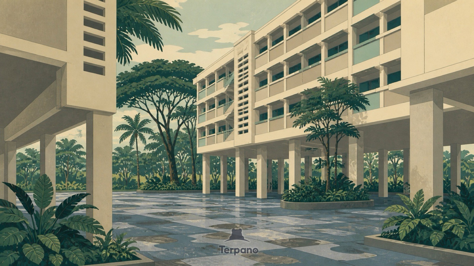 Piano terra aperto nell'edilizia tropicale — illustrazione originale di Quartiere residenziale di Singapore