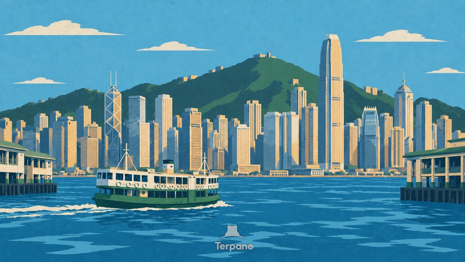 緑の峰の下に並ぶ港の高層ビル —— ビクトリア・ハーバー、香港 を描いたオリジナルイラスト