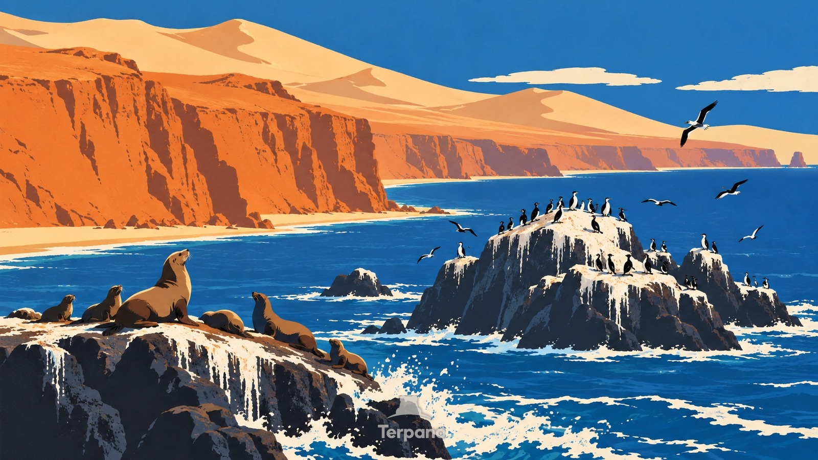 Kaltes Meer unter einer regenlosen Küste — Originalillustration von Küste von Paracas, Peru